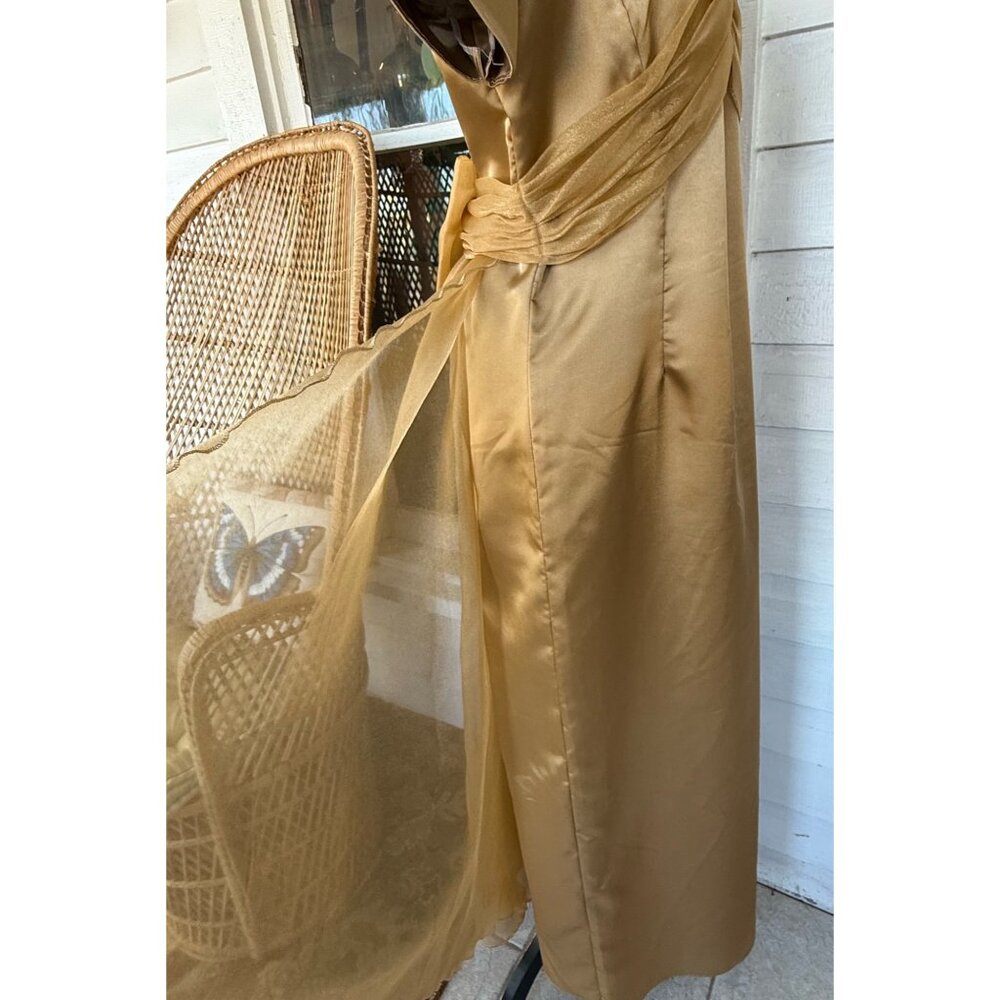 Vintage 60's Gold Satin Organza Formal Dress Rhinestones Bow Back M/L - Picture 9 of 16